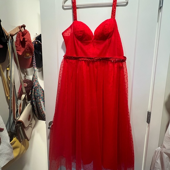 Custom Red Swiss Dot Tulle Corset Bustier Tea Length Gown - Picture 3 of 11